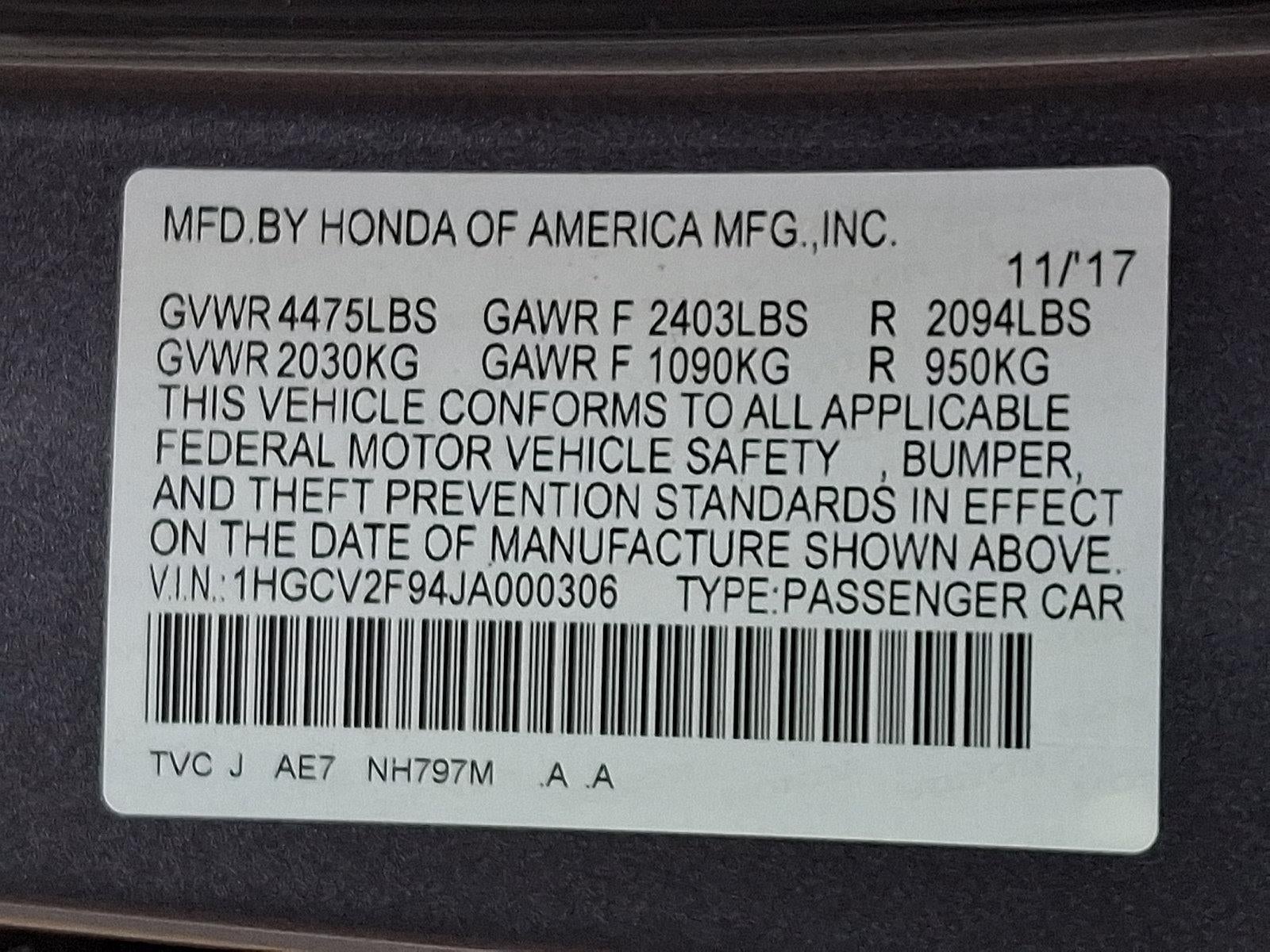 2018 Honda Accord Sedan Touring 2.0T Automatic