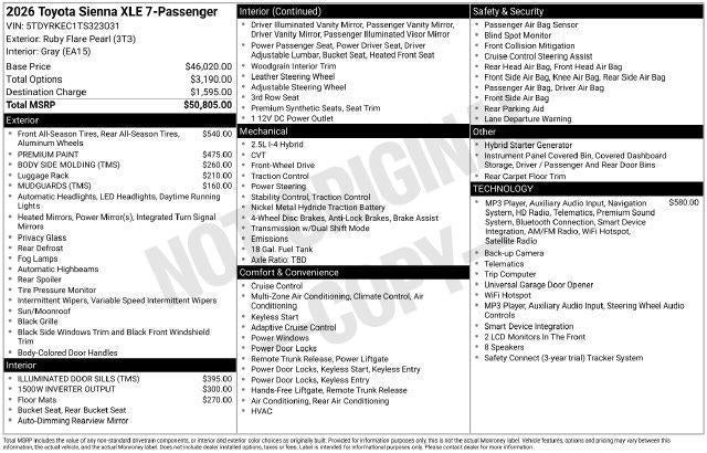 2026 Toyota Sienna XLE FWD 7-Passenger (Natl)